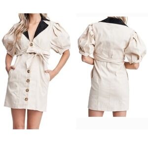 En Saison Women Dress Medium Beige Puff Sleeve Button Front Belted academia